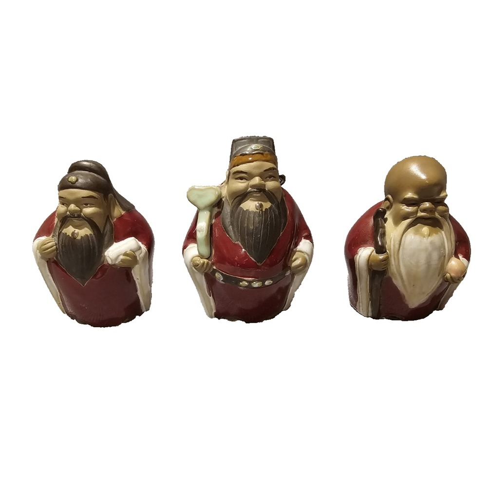 Vintage Collectible Fu Lu Shou Miniature Mudman Figurines Chinese Folk Art